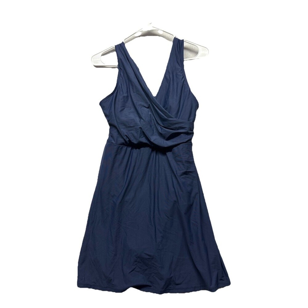 Lands' End Tummy Control Surplice Faux-Wrap One-Piece Blue Swim Dress Size 6 DDD